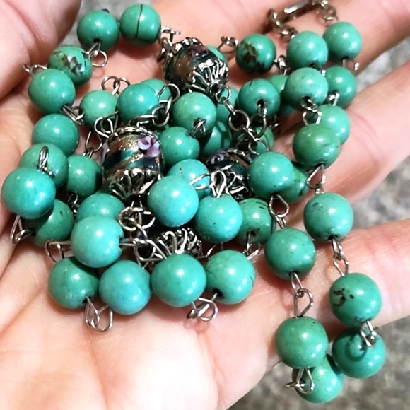 VINTAGE SILVER-TONE FAUX TURQUOISE 7MM BEADS/DECORATIVE BEADS 54" ROSARY - Picture 7 of 10